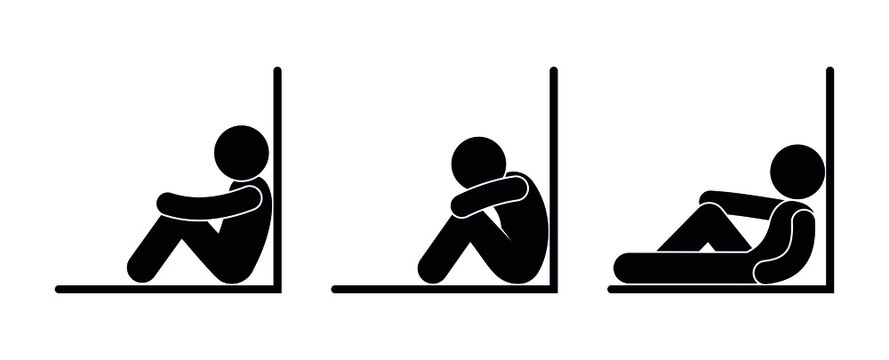 man sits near the wall, different poses of people having a rest, stick figure human silhouette, isolated vector pictograms