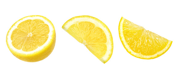 Ripe slice of yellow lemon fruit isolated on white background, juicy lemon, collection. - obrazy, fototapety, plakaty