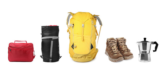 Set with different camping equipment on white background. Banner design