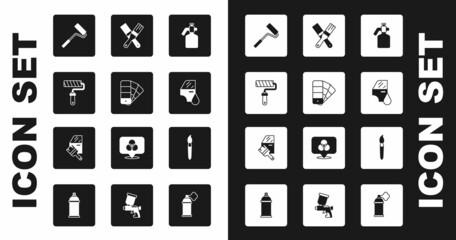 Set Paint spray gun, Color palette guide, roller brush, Car painting, and icon. Vector