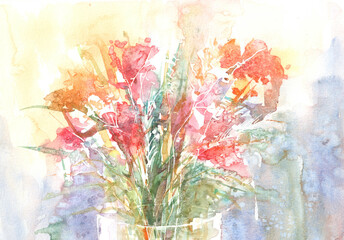 watercolor bouquet of wildflowers in a vase surrounded by sunlight 