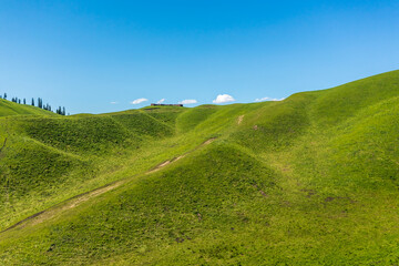 Green grassland and mountain natural landscape in Nalati grassland,Xinjiang,China.Aerial view.Nalati Grassland is China's sky grassland.