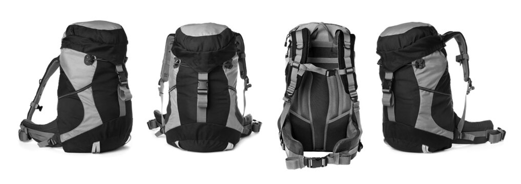 Black backpacks on white background, banner design. Camping tourism