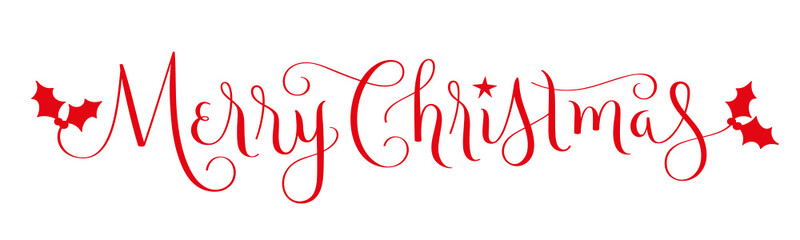 MERRY CHRISTMAS red vector brush calligraphy banner with holly motifs on white background