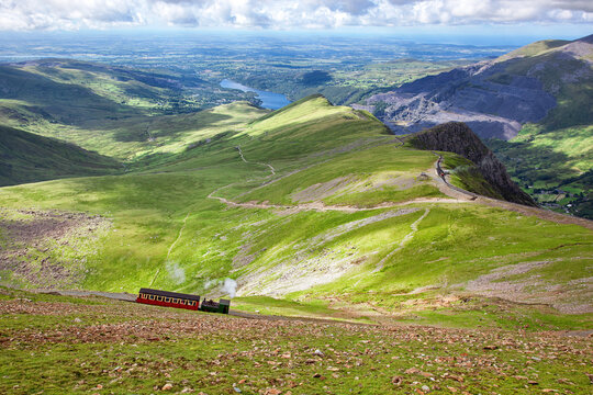 Mountain railway, Snowdonia, North Wales. The steam train runs from the town of LLanberis in the valley to the summit of Mount Snowden.