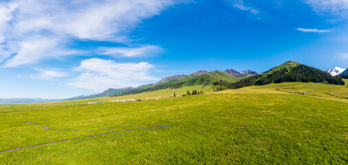Green grassland and mountain natural landscape in Nalati grassland,Xinjiang,China.Aerial...