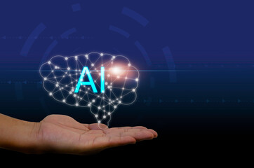 Visual technology interface. A.I. Artificial Intelligence and process analytical brain icon on hand businessman.