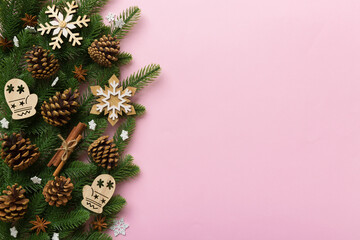 Christmas background with fir branches and Christmas decor. Top view, copy space for text