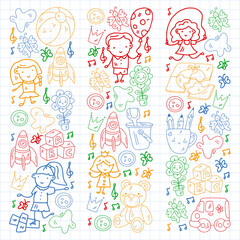 Kindergarten pattern with little children and toys. Creativity and imagination.