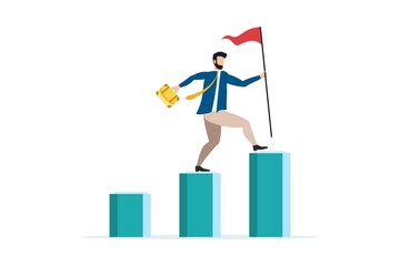 businessman goes to the goal. flat design style minimal vector illustration, businessman holding a flag at the top of a column column.