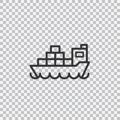 Cargo ship line icon isolated on transparent background. Freighter with parcels, boxes, goods. Delivery concept. Vector.