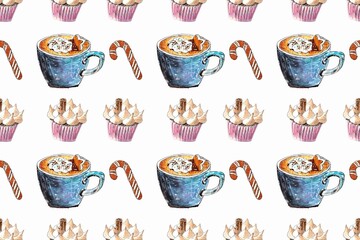 Seamless pattern whis pink coffee cup and cookies for wrapping paper and fabric design. Watercolor hand painted illustration
