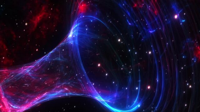 Abstract hyperspace tunnel through colorful vivid dark blue red pink space time vortex. 4K 3D Loop Sci-Fi interstellar travel through wormhole in hyperspace. Abstract teleportation jump in cyberspace.