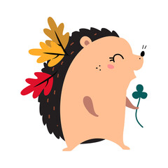Cute Prickly Hedgehog as Forest Animal Walking with Autumn Leaf on Its Spikes Vector Illustration
