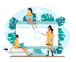 Online education concept, screen with login password, books and leaves. Beautiful women characters. Vector illustration in flat style.