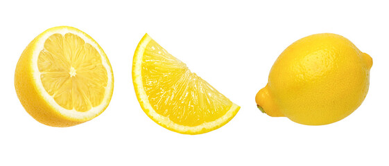 Yellow ripe lemons and slices isolated on white background, juicy lemon, collection.