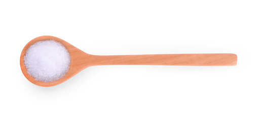 sugar with wooden spoon isolated on white background.