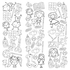 Kindergarten pattern with little children and toys. Creativity and imagination.