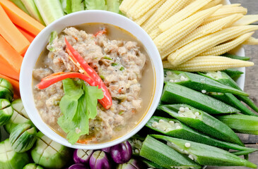 Thai food, Fried mackerel with shrimp paste sauce and vegetable.