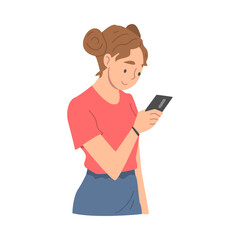 Woman Character Receiving Good News Reading Message and Smiling Happily Vector Illustration