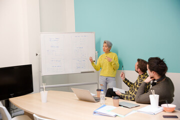 Businesswoman at whiteboard leading conference room meeting