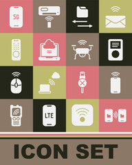 Set Data transfer and storage, Mobile with wi-fi wireless, Music player, Transfer files, Network cloud connection, Remote control, 5G and Smart drone system icon. Vector