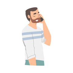 Excited Bearded Male Receiving Good News Speaking by Phone and Smiling Happily Vector Illustration