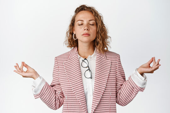 Young Patient Business Woman, Corporate Manager Close Eyes And Meditating, Relaxing With Yoga, Breathing Calm, White Background