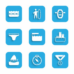 Set Diving board or springboard, Compass, Medal, Winner podium, Yacht sailboat, Swimming trunks, Boat with oars and pool icon. Vector