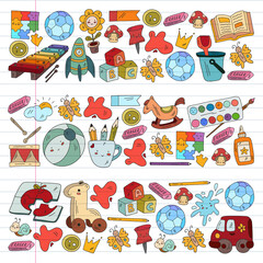 Vector pattern with boys and girls. Kindergarten and toys. Happy childhood and creativity with imagitanion.