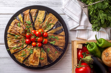 Traditional delicious Turkish food, meat eggplant dish (Turkish name; patlican kapama)