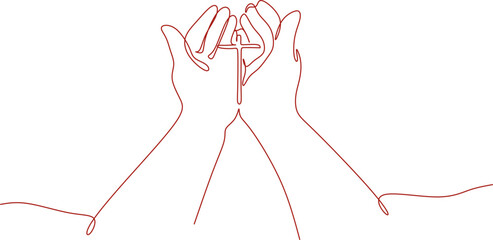 hand with cross line art .Concept of hope, faith, christianity, religion, church online.
