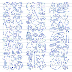 Vector pattern with boys and girls. Kindergarten and toys. Happy childhood and creativity with imagitanion.