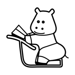 a hippopotamus at a school desk. a student with a book. contour drawing by hand. isolate. template, print, coloring. a children's poster.