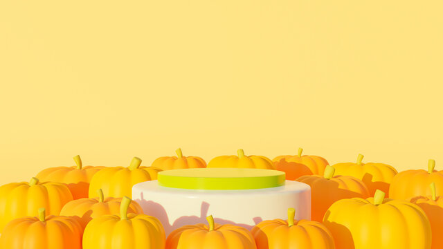 3D Render Pumpkins with product display stage for presentation. Autumn Background