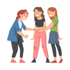 Happy Woman Character with Their Hands in Stack Putting Them Together Showing Unity and Solidarity Vector Illustration