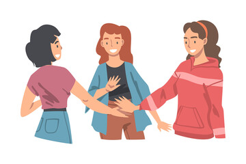 Happy Woman Character with Their Hands in Stack Putting Them Together Showing Unity and Solidarity Vector Illustration