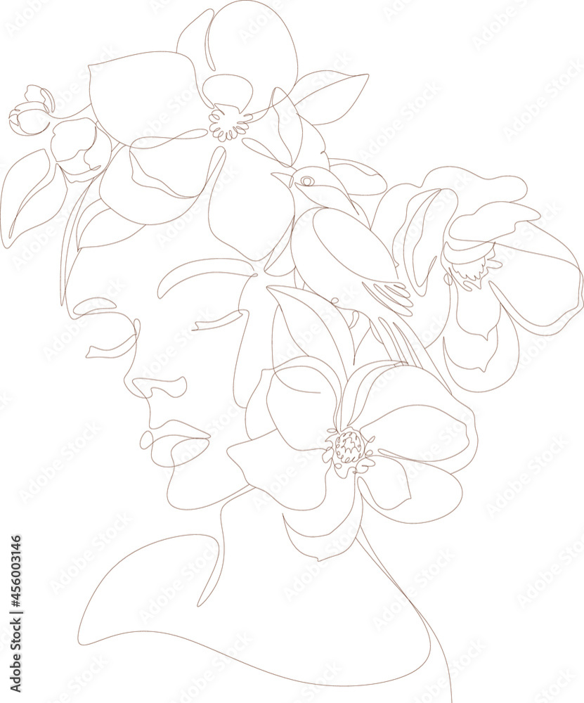 Wall mural Line art Flower Head. Plant head Woman Face line drawing. Abstract minimal elegant woman portrait. Beauty salon logo. Nature cosmetics symbol