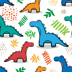 Cute bright colorful multicolored dinosaurs isolated on white background. Cartoon childrens seamless pattern. Vector simple flat graphic hand drawn illustration. Texture.