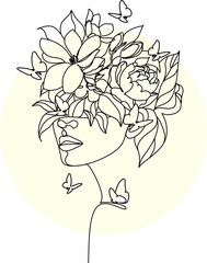 Line art Flower Head. Plant head Woman Face line drawing. Abstract minimal elegant woman portrait. Beauty salon logo. Nature cosmetics symbol