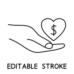 Helping hands with heart. Money in the hand. Donation concept. Donate, giving money and love. Charity symbol. Thin line icon