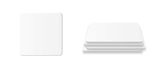Square beer coaster. Empty white mockup. Pprotection coaster for beer glasses, tea cups isolated on white background. Branding template vector illustration.