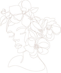 Line art Flower Head. Plant head Woman Face line drawing. Abstract minimal elegant woman portrait. Beauty salon logo. Nature cosmetics symbol