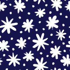 White sketch of snowflakes isolated on dark blue background. Cute monochrome festive seamless pattern. Vector simple flat graphic hand drawn illustration. Texture.