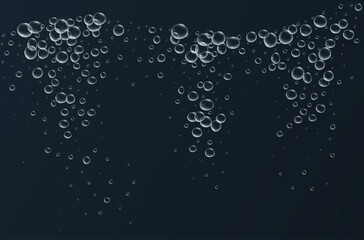 Transparent fizzy bubbles. Sparkles champagne. Fizzy pop and effervescent drink. Abstract fresh soda and air bubbles, oxygen, champagne crystal. Vector illustration on black background.