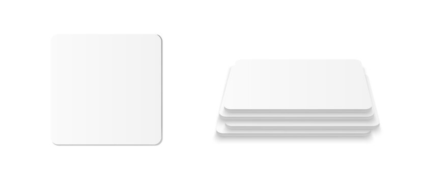 Square beer coaster. Empty white mockup. Pprotection coaster for beer glasses, tea cups isolated on white background. Branding template vector illustration.