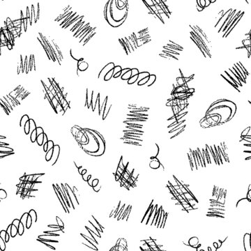 Black pencil strokes and curved lines isolated on white background. Cute lineart monochrome seamless pattern. Vector simple flat graphic hand drawn illustration. Texture.