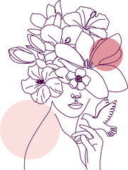 Female Line Drawing Modern Minimalist, Peony Flowers Woman Print, Woman With Flower Head, Minimal Logo Drawing Woman, Wall Art Sketch