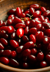 Clay plate with ripe dogwood berries. Harvest of red and burgundy fruits of dogwood. Season of healthy plants. Concept of healthy eating.