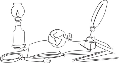 Columbus Day sale promotion, advertising, poster, banner, template with American flag. Columbus day line art. Line drawing set